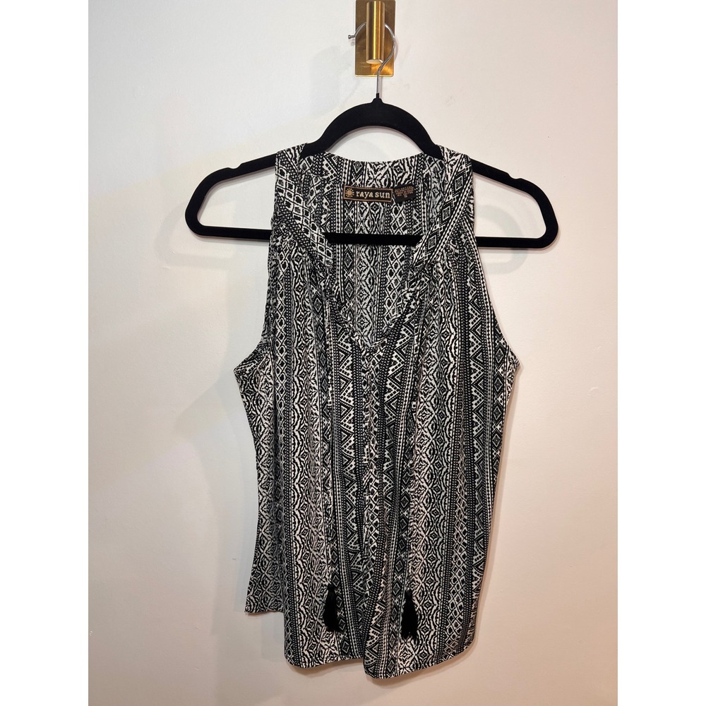 Boho Tribal Geometric Tank Top Black White Resort-wear Tassel Split Neck- Small